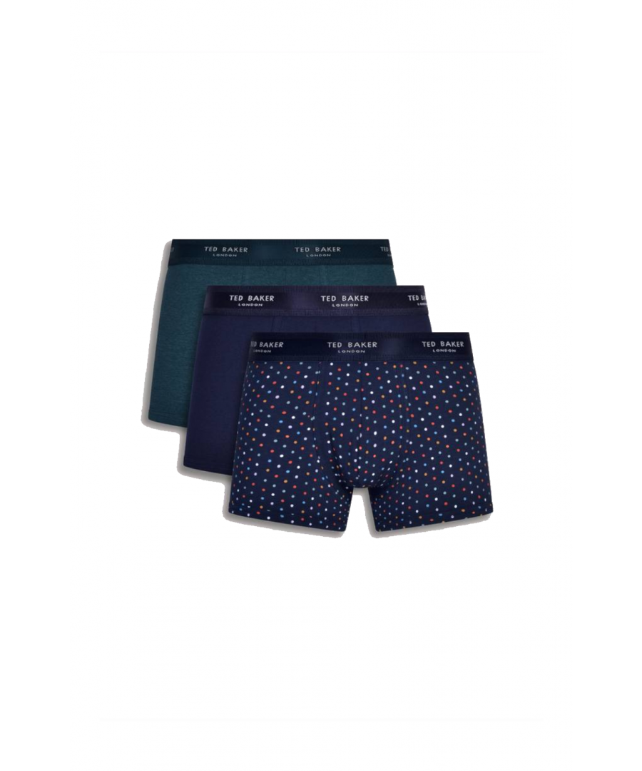 Mens Ted Baker Three Pack Cotton Fashion Trunk in blue navy.- Branded elasticated waistband.- Ted Baker three pack fitted trunks.- Assorted design.- Stretch fabric.- Comes in Ted Baker branded packaging.- 95% Cotton  5% Elastane.- Ref: RTBC102AU3943