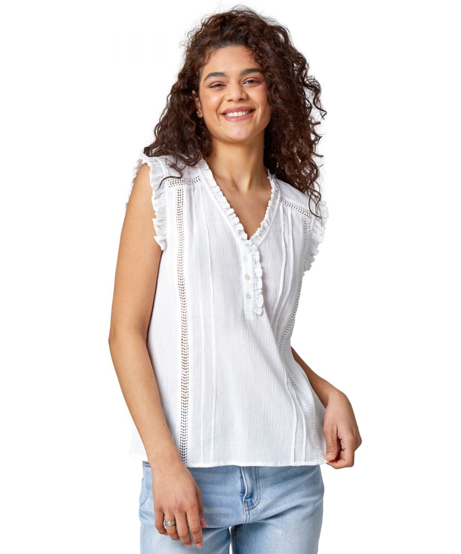 Roman Womens Ruffle Detail Cotton Crinkle Top - Ivory - Size 20 UK