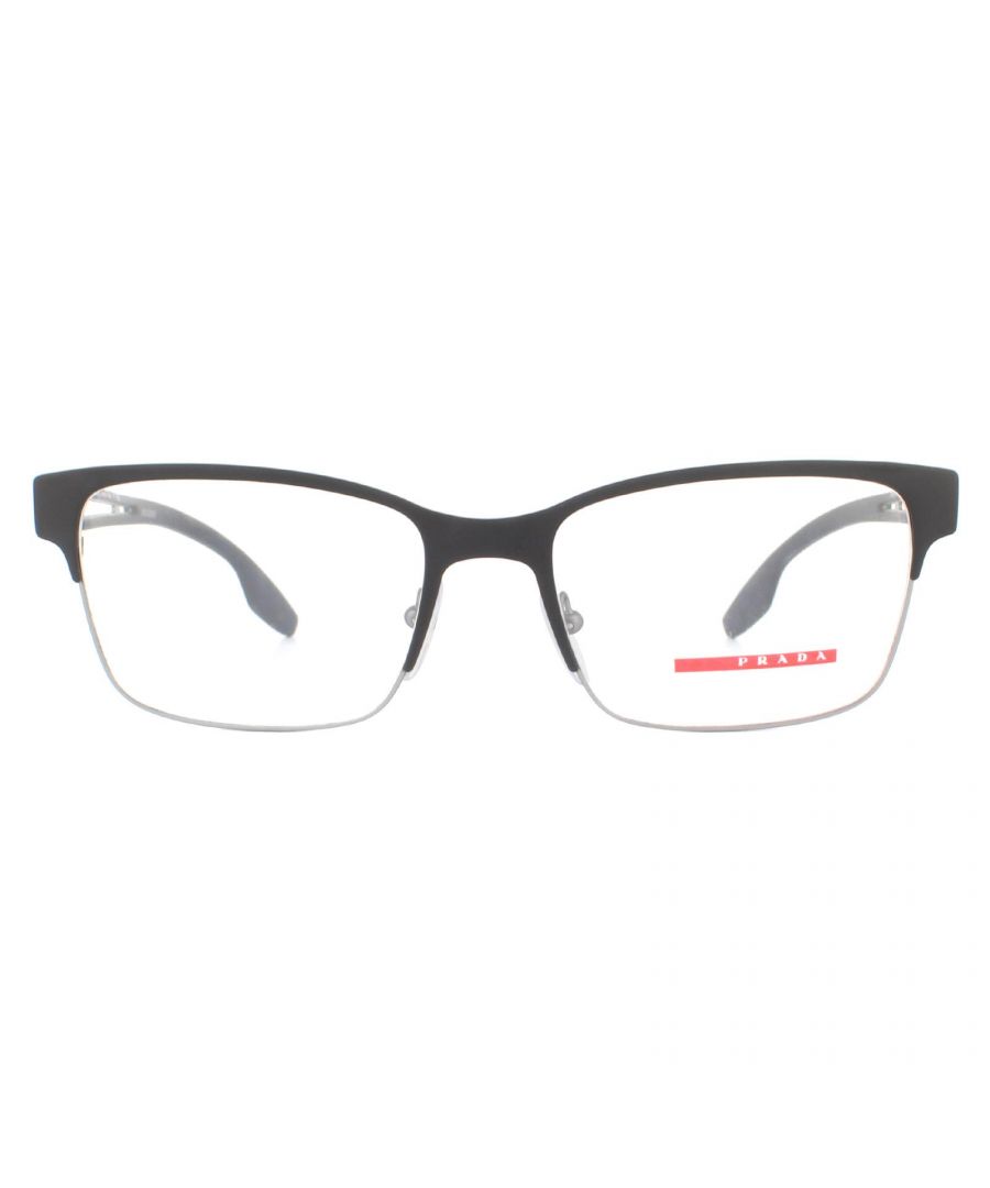Prada Sport Glasses Frames PS55IV 6BJ1O1 Black and Gunmetal Rubber Men  are a geometric squared off style with a unique cut-out section on the temples alongside the instantly recognisable Prada Linea Rossa red logo