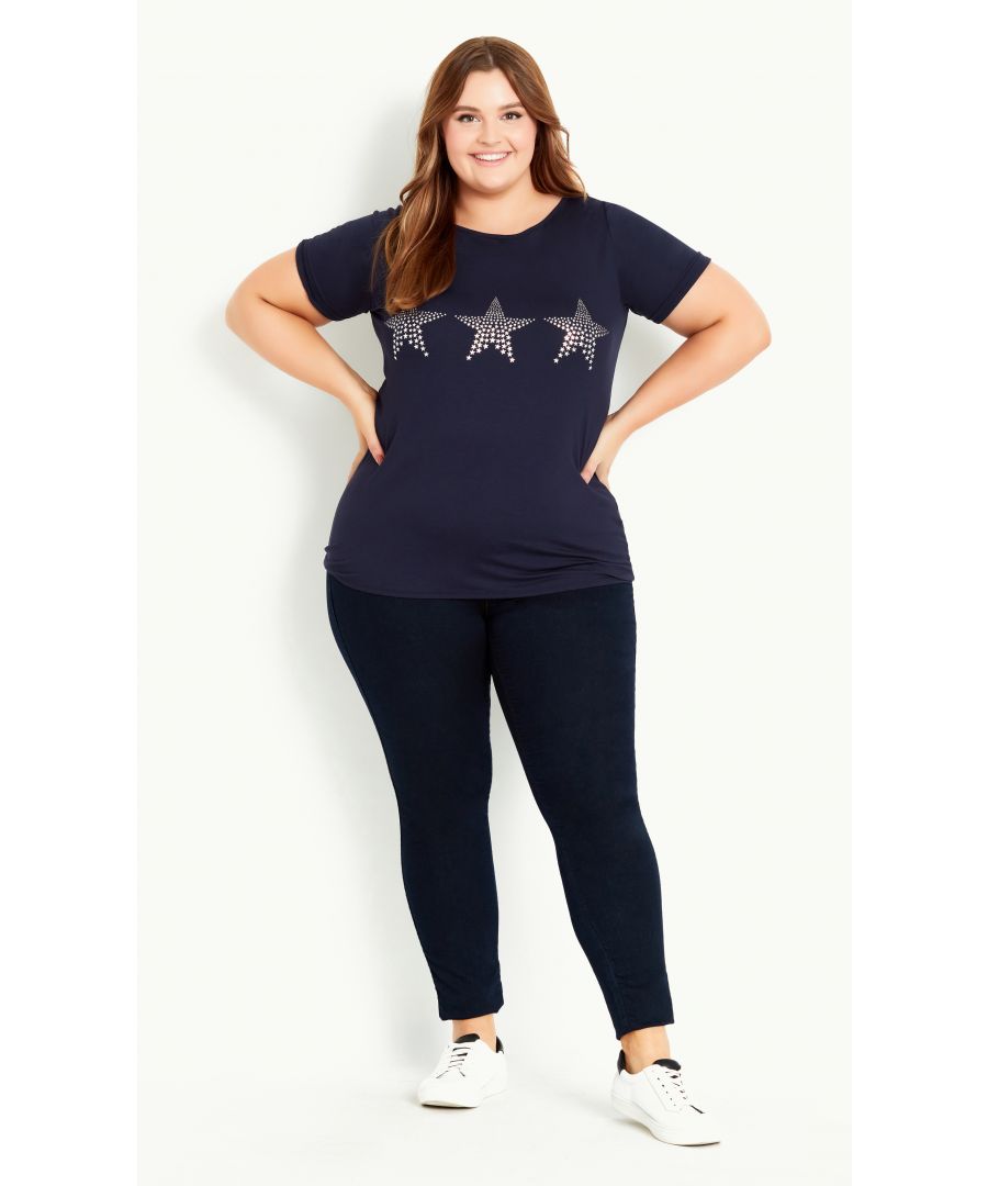Cool, casual and breezy, a staple style for off-duty days! Our Star Print Top is made of a soft stretch fabrication for endless comfort, complete with a relaxed silhouette and stylish star print front. Key Features Include: - Crew neckline - Short sleeves - Soft stretch fabrication - Star print graphic front - Relaxed fit - Pull over style - Unlined - Hip length Team with long shorts and chunky sandals for a laidback Saturday look.