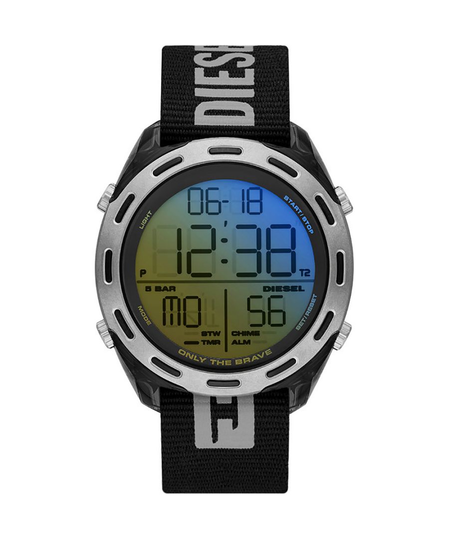 This Diesel Crusher Digital Watch for Men is the perfect timepiece to wear or to gift. It's Silver 44 mm Round case combined with the comfortable Black Fabric watch band will ensure you enjoy this stunning timepiece without any compromise. Operated by a high quality Quartz movement and water resistant to 5 bars, your watch will keep ticking. This sporty and trendy watch is a perfect gift for New Year, birthday,valentine's day and so on -The watch has a calendar function: Day-Date, Stop Watch, Timer, Alarm, Dual Time, Light High quality 21 cm length and 22 mm width Black Fabric strap with a Buckle Case diameter: 44 mm,case thickness: 13 mm, case colour: Silver and dial colour: LCD