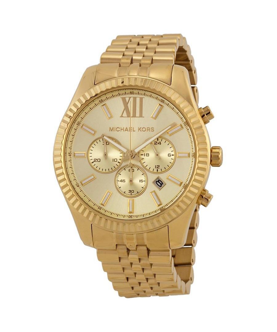 Mens MK8281 Michael Kors PVD gold-plate design from the Lexington collection. This model comes complete with date function, chronograph, gold baton hour markers. EAN 8431242408781