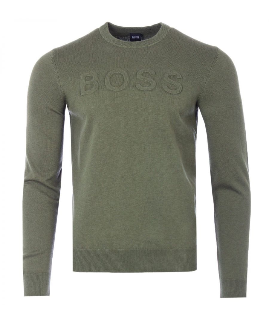 Boss is back with another perfect take on a classic style. The crewneck sweater is made of cotton and virgin wool, a composition that is obvious with one touch. The soft but thin knit makes it ideal for wearing on its own in warmer environments and layering under jackets and coats as the temperature drops. Boss is emblazoned across the chest in a subtle yet bold embossed fashion. The crew neckline, cuffs and hem are a fine ribbed knit, keeping the flattering fit snug long term. Crew Neck, Long Sleeves, Cotton, Wool Blend, Ribbed Cuffs and Hems,  Boss Branding. Style & Fit:Regular Fit, Fits True to Size. Composition & Care:70% Cotton, 30% Virgin Wool, Machine Wash.