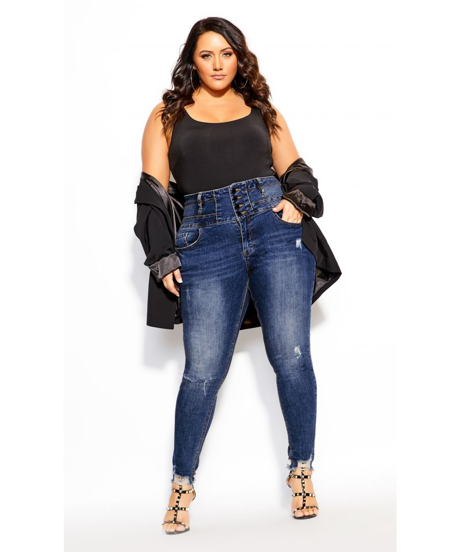 Statement denim ready to turn up the heat, strut it in the Harley Rip Vibes Corset Jean. Designed to enhance hourglass curves, play up the drama in a quad button corset rise, tapered skinny leg & distressed rip finish! Key Features Include: - The perfect fit for an hourglass body shape - Skinny leg - Corset rise, quad button, and fly fastening - Distressed rip detailing - Belt looped waistline - Functional 5 pocket denim styling - Short length with ripped hemline - Stretch fabrication - High denim fibre retention to maintain shape - Signature Chic Denim hardware throughout zips, buttons, and rivets Love the rocker girl aesthetic? Team with a cool leather jacket and a cropped band tee to get the look.