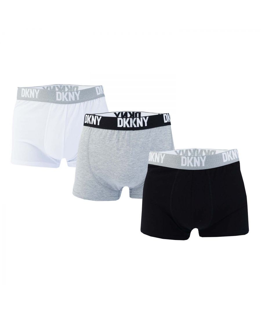 Mens DKNY Seattle 3 Pack Trunk Boxer Shorts in black grey white.- Branded elasticated waistband.- Three pack stretch cotton trunks.- Super soft and breathable.- 57% Cotton  38% Polyester  5% Elastane.- Ref: U561738DKYAS = 30-32inM = 33-35inL = 36-38inXL = 39-41 inchWe regret that underwear is non-returnable due to hygiene reasons.