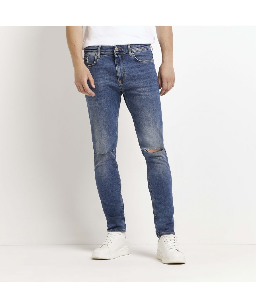> Brand: River Island> Department: Men> Material: Cotton Blend> Material Composition: 99% Cotton 1% Elastane> Type: Jeans> Style: Slim> Size Type: Regular> Fit: Slim> Occasion: Casual> Season: SS22> Pattern: No Pattern> Closure: Button> Distressed: Yes> Fabric Wash: Medium