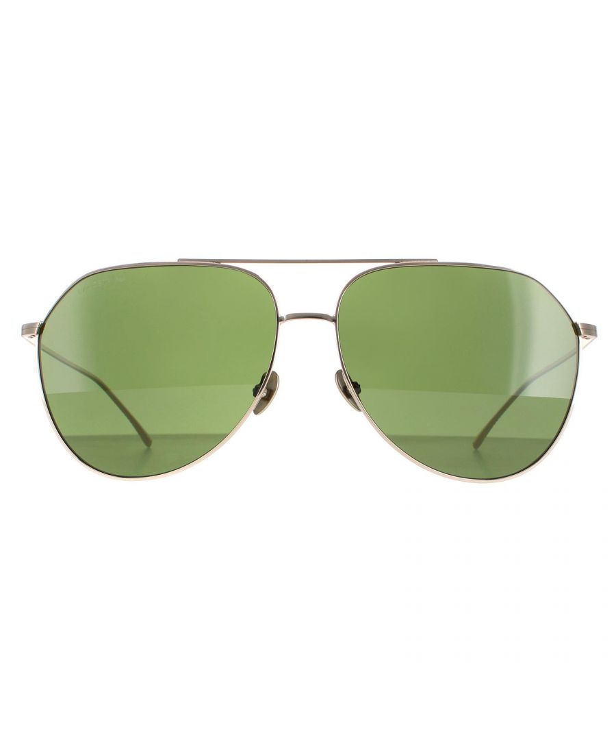 Lacoste Aviator Unisex Shiny Gold Green L209S L209S are a classic aviator shape made from lightweight metal. A double bridge design and silicone nose pads ensure all day comfort. The iconic Lacoste alligator is etched into the slender temples for brand authenticity.