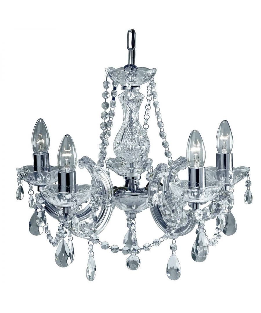 This crystal chandelier is a multi arm fitting with delicately trimmed crystal glass droplets. A sure way to enhance the setting of your choice with a touch of brilliance. | Finish: Chrome | Material: Glass Crystal | IP Rating: IP20 | Height (cm): 32 | Diameter (cm): 48 | No. of Lights: 5 | Lamp Type: E14 | Dimmable: Yes | Wattage (max): 60 | Weight (kg): 2.7 | Class: 1 (Earthed) | Bulb Included: No