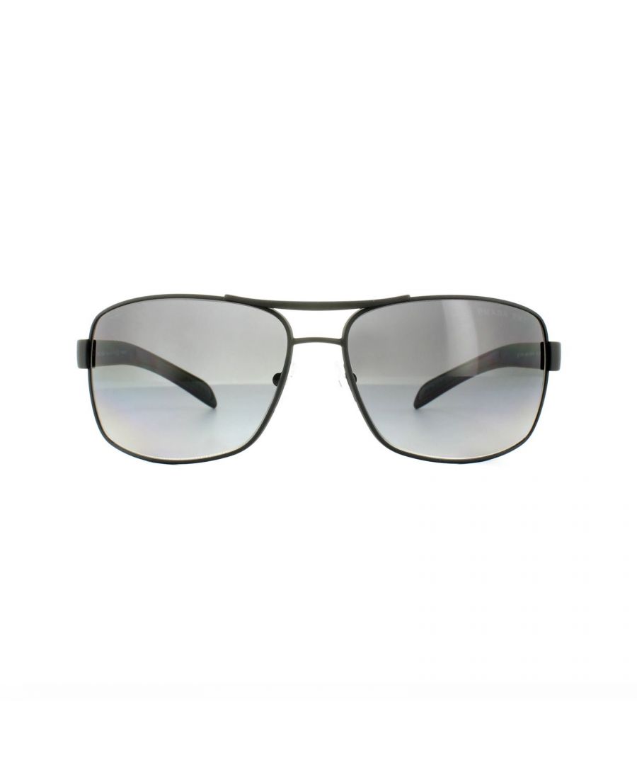 Prada Sport Sunglasses 54IS DG05W1 Black Rubber Grey Polarized are a superb flattened aviator shape with a nice wrapped curve to the frame to hug the face close. The Prada red line of course features on the top of the arm that blends superbly the metal frame and acetate arms.