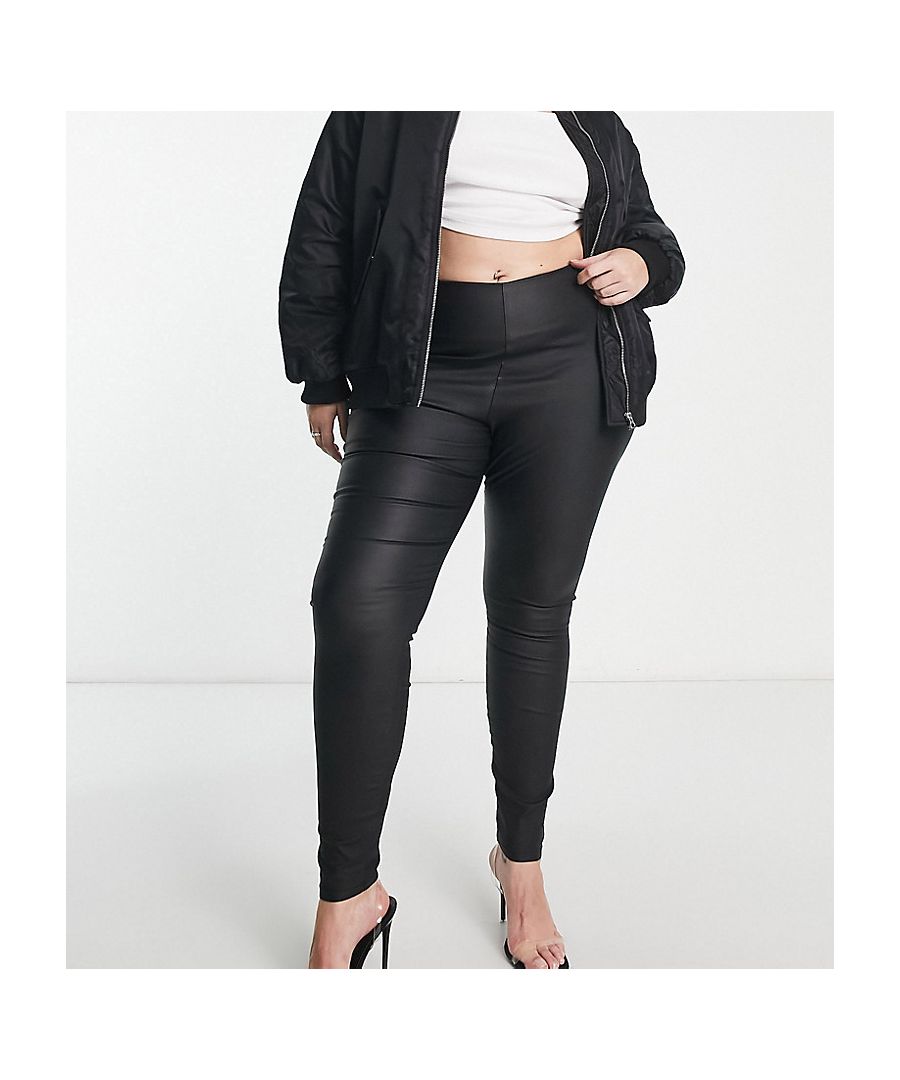 Leggings by Vila Curve Next stop: checkout Coated finish High rise Zip-back fastening Bodycon fit Sold by Asos