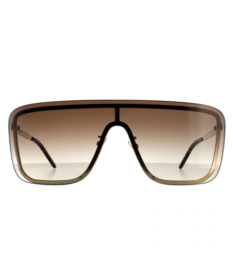 Saint Laurent Shield Unisex Gold  Brown Gradient  Sunglasses Saint Laurent are an oversized shield style with one large flat square shaped lens. Adjustable nose pads and plastic temple tips ensure comfort and the flat metal temples are engraved with the Saint Laurent logo.