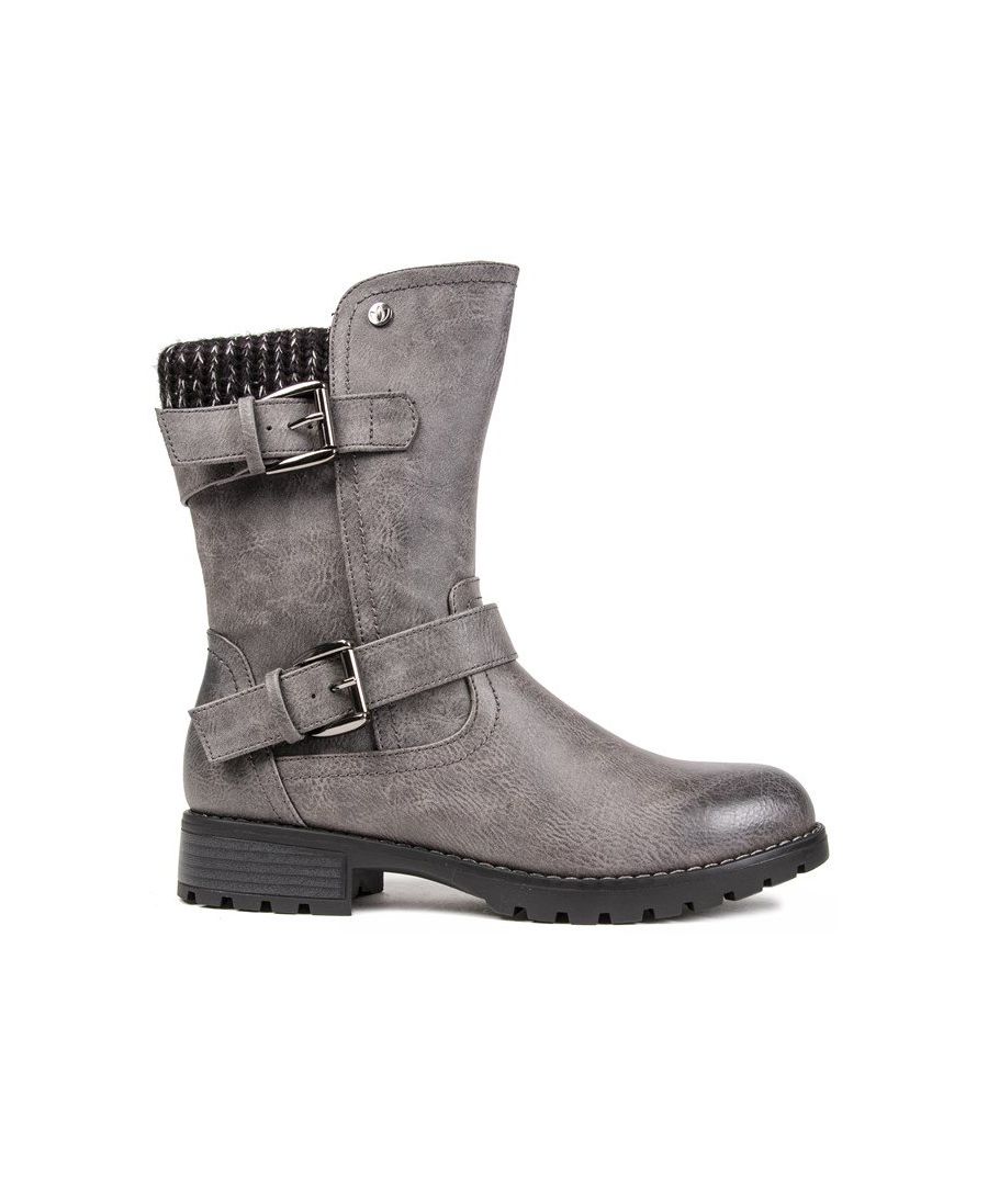 Women's Grey Lotus Jemima Zip-up Boots With Textured Synthetic Upper Featuring Double Outside Buckle Straps And Fleece Knit Ankle Collar. These Ladies' Mid-calf Boots Have A Warm Fleece Lining, Branded Stud Detail, And Synthetic Sole With Cleated Tread.