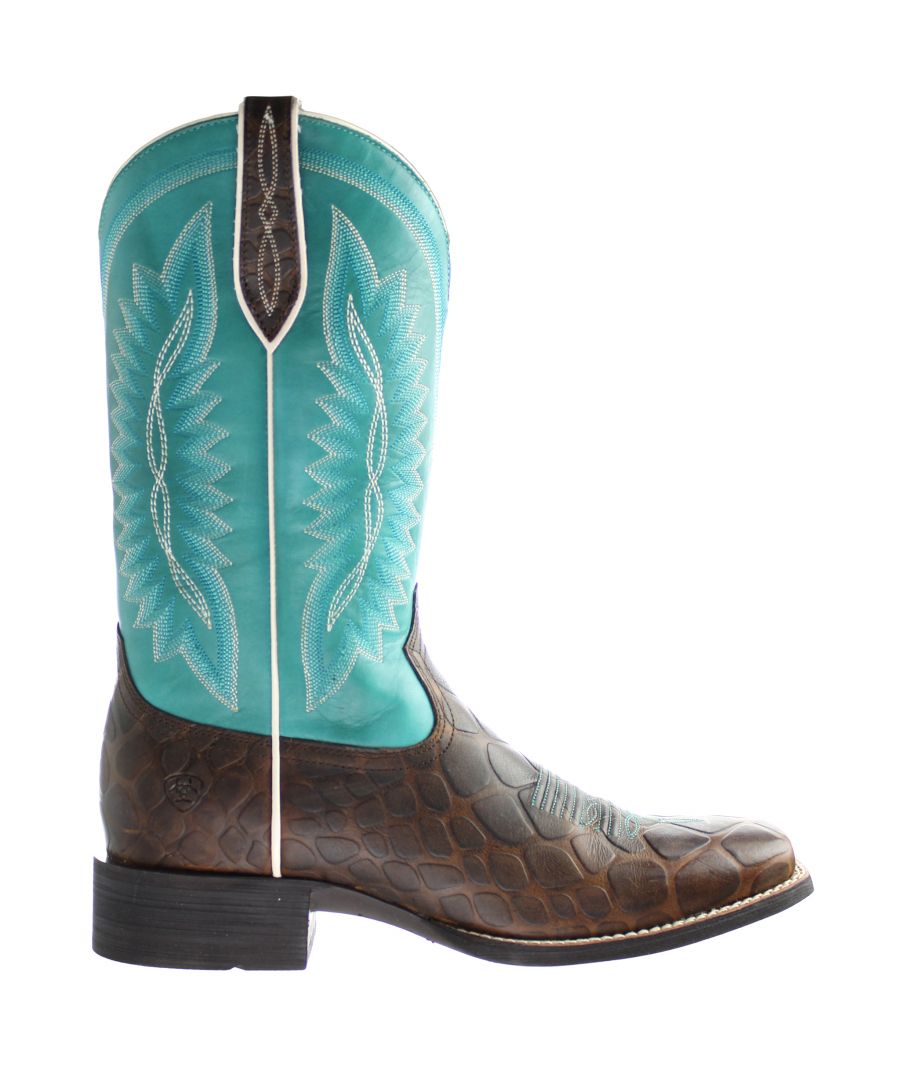 Add the perfect finishing touch to your western look when you pull on these stylish boots from Ariat. These boots have leather construction with a blue upper that will make these some of your go-to favorites. The ATS footbed will provide you with barefoot comfort as you go from the office to the dance floor. Draw every eye in the room when you walk in wearing these boots from Ariat.\n\nPremium full-grain leather foot and upper\nTraditional eight row stitch pattern with heavy center deco stitching\nLeather lining\nATS footbed provides superior stability and cushioning\nDuratread sole is long-lasting and stands up to the harshest conditions\nBarnyard acid resistant\nWide square toe\n1-1/2