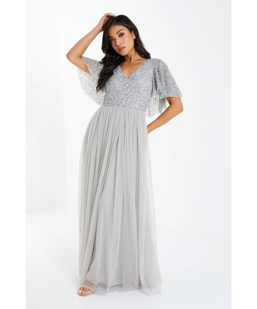 Grey Sequin Cap Sleeve Maxi Dress
