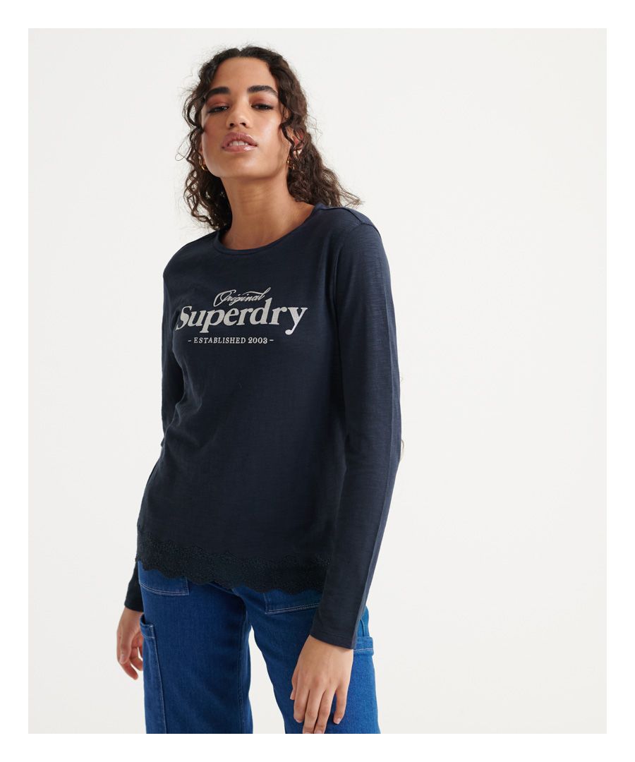 Superdry Womens Graphic Lace Mix Long Sleeved Top - Navy Cotton - Size 6 UK