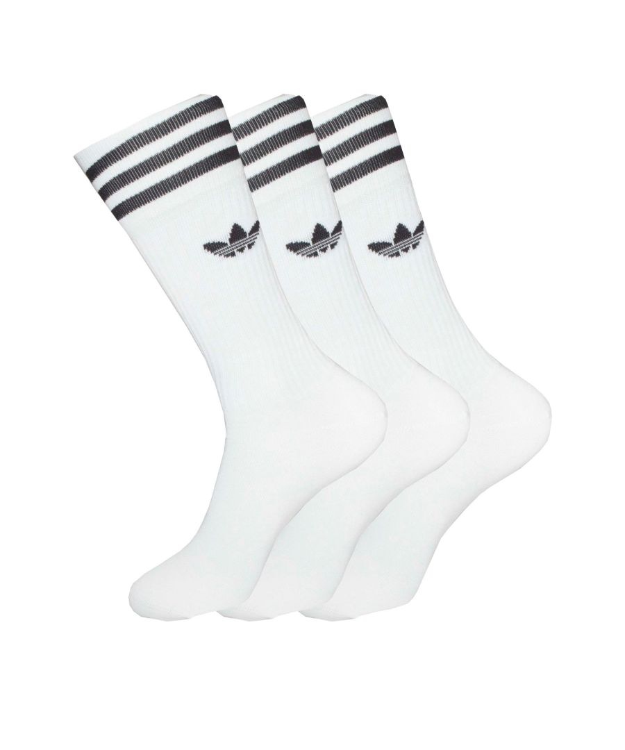 The Solid Crew Ribbed Socks Step up Comfort with a half-cushioned footbed. Crafted with Recycled materials, these Adidas Originals feature engineered 3 Stripes and Trefoil. Complete the look with Adidas Samba Super Trainers.\nM = UK 5.5 -8\nL = UK 8.5-11