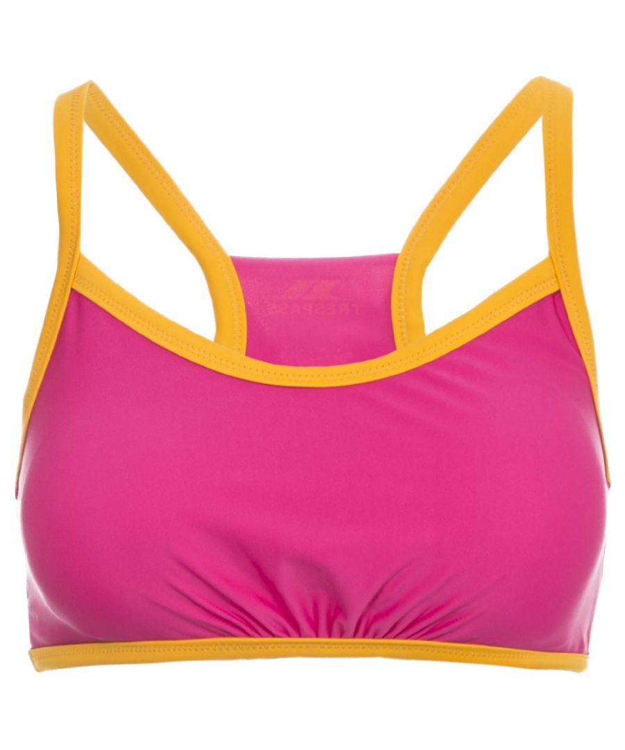 Bikini top. Contrast binding. Racer back. Removable bust pads. 80% polyamide, 20% elastane. Trespass Womens Chest Sizing (approx): XS/8 - 32in/81cm, S/10 - 34in/86cm, M/12 - 36in/91.4cm, L/14 - 38in/96.5cm, XL/16 - 40in/101.5cm, XXL/18 - 42in/106.5cm.