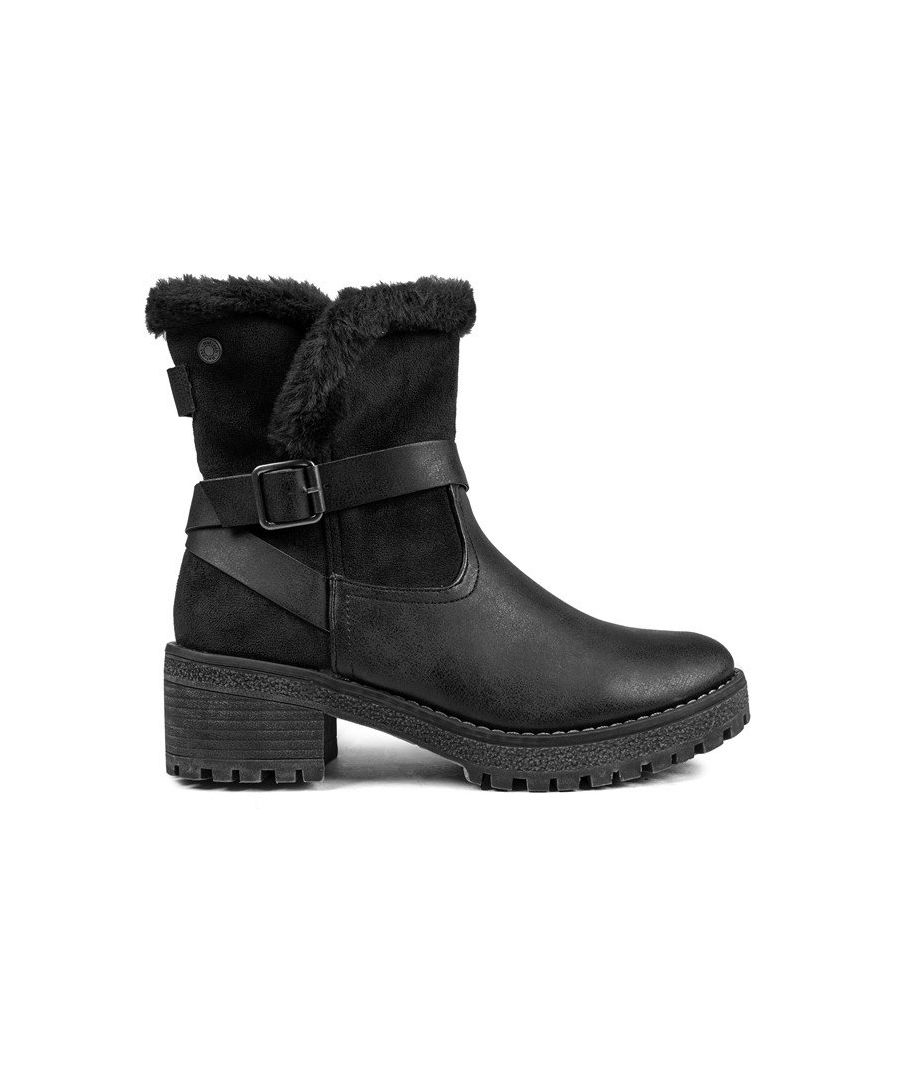 Womens black Refresh 76935 boots, manufactured with pu and a rubber sole. Featuring: soft faux fur lining, cleated sole, branded zip and inside zip.