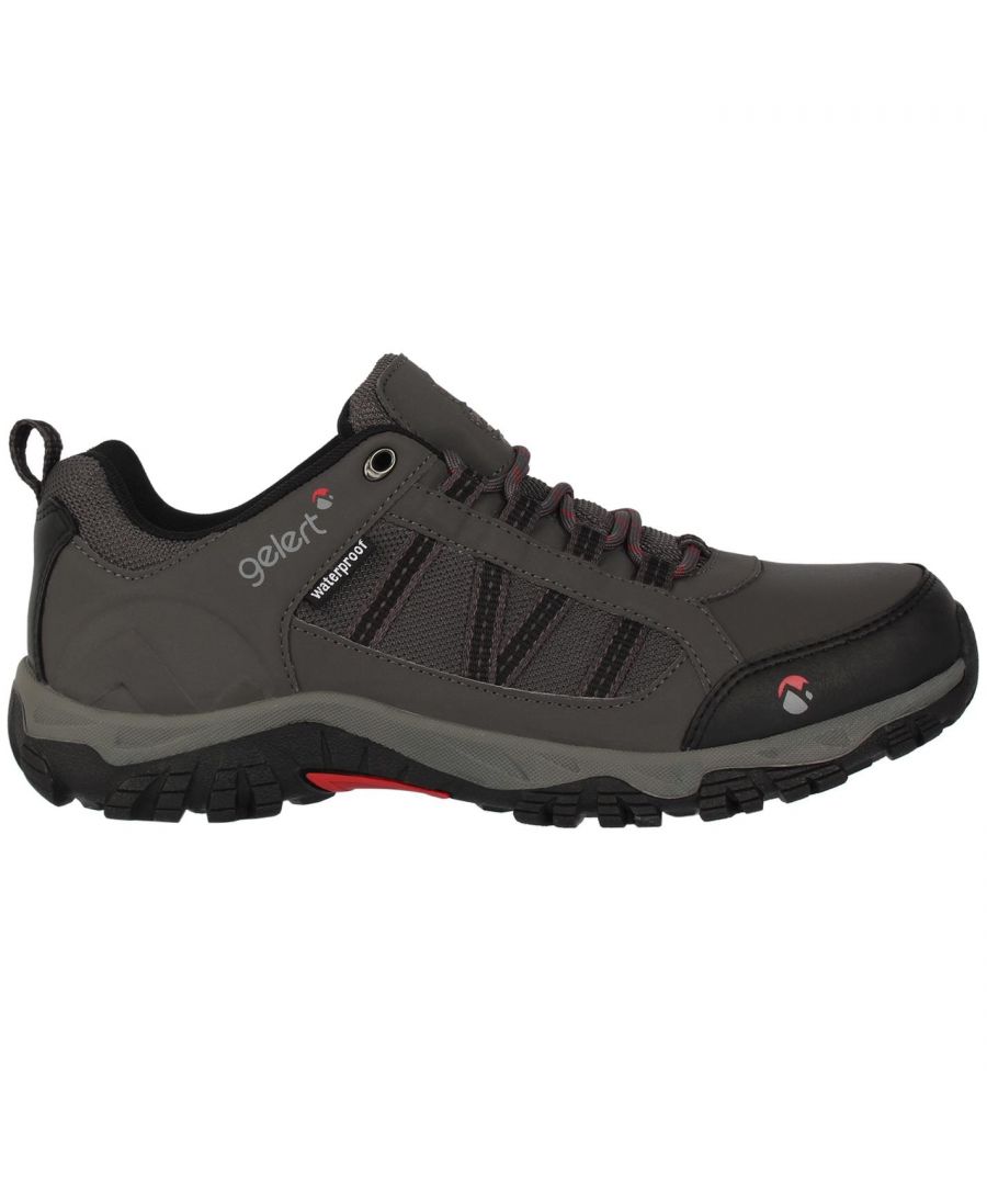 Gelert Horizon Low Waterproof Mens Walking Shoes The Gelert Horizon Low Waterproof Mens Walking Shoes benefit from a moulded rubber outsole for maximum durability with a multi-directional grip pattern for added stability and traction underfoot on all terrains. These Gelert walking shoes also combine a breathable mesh upper with added synthetic overlays reinforcing the midfoot area of the shoe for added support and stability. A waterproof membrane in these shoes are perfect for keeping your feet dry when exploring the wilderness. Gelert branding provides a great look that also offers instant brand recognition. > Please note: The style you receive may vary from the image shown > Mens Walking Shoes > Waterproof > Lace-up > Waterproof membrane > Low cut ankle > Shaped heel for support > Cushioned insole > Moulded grip pattern > Synthetic / textile upper, Textile inner, Synthetic sole > Wipe clean with a damp cloth