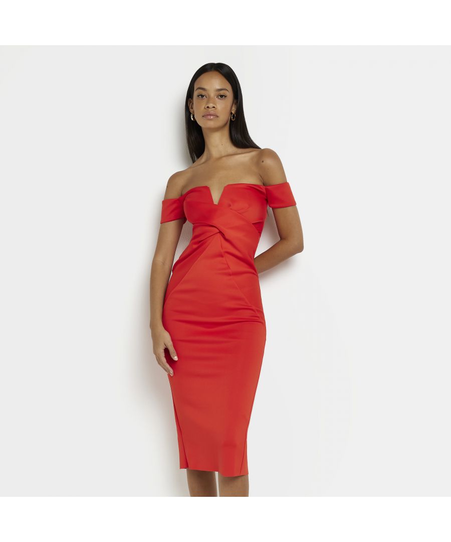 > Brand: River Island> Department: Women> Colour: Red> Style: Bodycon> Material Composition: 100% Polyester> Material: Polyester> Neckline: Bardot> Sleeve Length: Sleeveless> Dress Length: Knee Length> Pattern: No Pattern> Occasion: Party/Cocktail> Size Type: Regular> Season: SS22