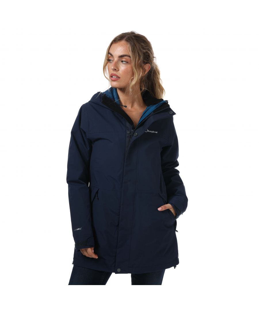 Womens Berghaus Monic 3 in 1 Jacket in dark blue.- Adjustable hood.- Cosy jersey lined collar to the inner jacket.- Two covered zipped hand pockets.- Centre- front zip with zip cover.- Adjustable cuffs  hem.- Bound cuffs and hem on the inner jacket.- PFC Free DWR fabrics.- Light-weight  bulk-free Hydroloft™ insulation in the inner jacket.- Outer: 100% Polyester with Polyurethane Coating. Lining: 100% Recycled Polyamide. Trim: 100% Polyamide Shell with Polyurethane Coating.- Ref: 4A001173R14