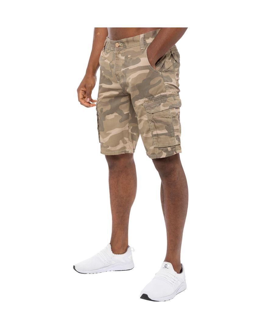 Kruze Camo Shorts in Beige, 65% Polyester, 35% Cotton, Mid Rise, Regular Fit Shorts, Featuring 2 Front Pockets, 2 Buttoned Back Pockets and 2 Velcro Side Pockets and Zip Fly Fastening, Machine washable, For Casual Occasions
