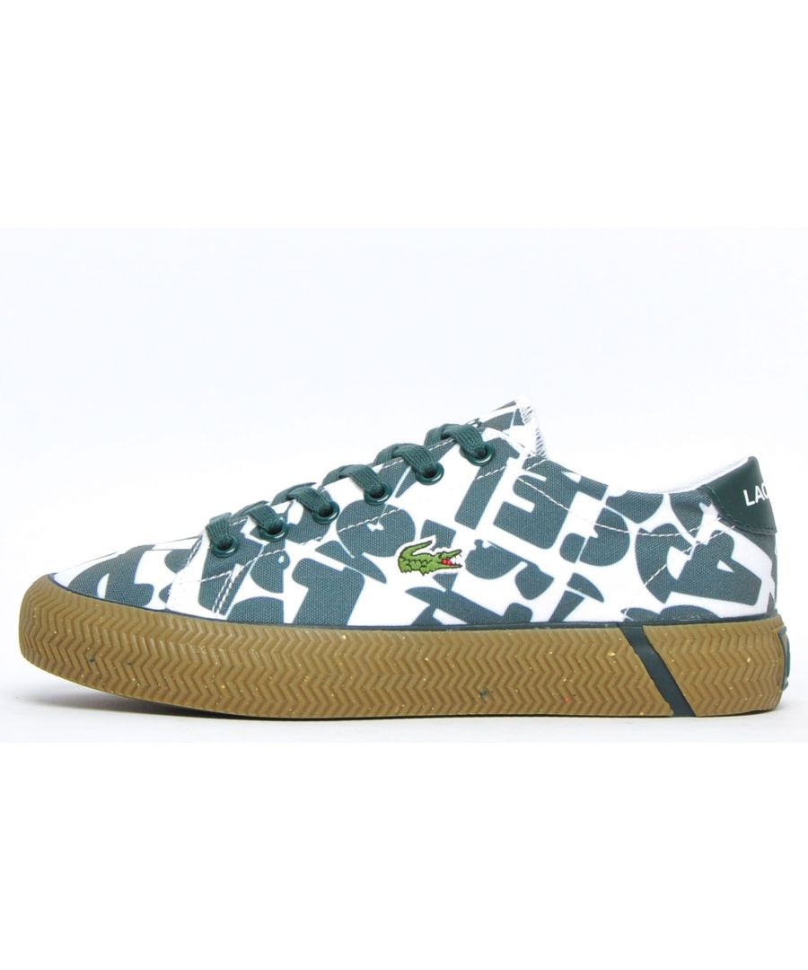 With its premium construction and classic plimsol silhouette presented in a smart white colourway with a bold all over graphic green print, these Lacoste Gripshot trainers deliver a look thats both casual and stylish. A durable rubber outsole and full lace closure, mean these Lacoste Gripshot trainers are full of designer touches, premium craftmanship and finished off with the famous Lacoste Croc on the side, this classic trainer will deliver a touch of laid-back style to any casual or dress outfit. - Premium canvas / textile / synthetic mix upper\n - Classic lace up fit\n - Ortholite comfort footbed\n - Textured vintage styled midsole\n - Durable rubber outsole\n - Lacoste branding throughout