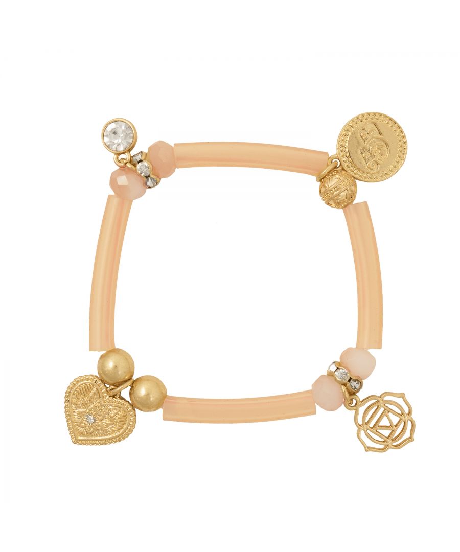 A definite eye-catcher, our Bibi Bijoux Gold Mandala Charm Bracelet will add a real fashion statement to your look. A jewellery accessory that also makes a fantastic gift for anyone who loves wearing cute, fun bracelets. It will blend effortlessly with your favourite casual clothing as well as your dressy outfits, making it the perfect addition to your collection of jewellery pieces for every occasion. Gold tone plated bracelet mixed with soft camel tone silicone tubes with a circumference of 7.5 inches with reinforced internal elastic for ease of wear.