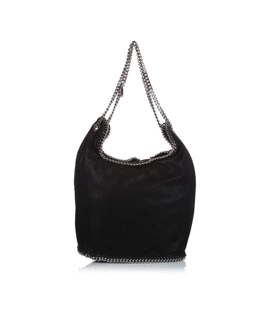 VINTAGE. RRP AS NEW. The Falabella shoulder bag features a faux leather body, silver-tone chain straps, a top zip closure, and an interior zip pocket.Metal Attachment Scratched. \n\nDimensions:\nLength 34cm\nWidth 32cm\nDepth 19cm\nHand Drop 23cm\nShoulder Drop 23cm\n\nOriginal Accessories: Dust Bag\n\nColor: Black\nMaterial: Fabric x Others\nCountry of Origin: Italy\nBoutique Reference: SSU142487K1342\n\n\nProduct Rating: GoodCondition\n\nCertificate of Authenticity is available upon request with no extra fee required. Please contact our customer service team.