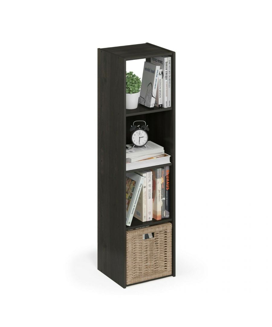 - Furinno Pelli Cubic Storage Cabinet, 4x1, build with 4 individual shelves in a verticle position.\n- Great for storing and displaying items such as artworks, toys, books, folding clothes or other household necessities.\n- It is made out of medium density fiber board offering great durabiliy and strength, increasing product life spand.\n- They come in multiple colors, Espresso and French Oak Grey, therefore it is customizable to liking. \n- The assembly process is made easy with the provided parts and hardware.\n- Care instruction  wipe clean with clean damped cloth and avoid using harsh chemical to prevent damage to the furniture.