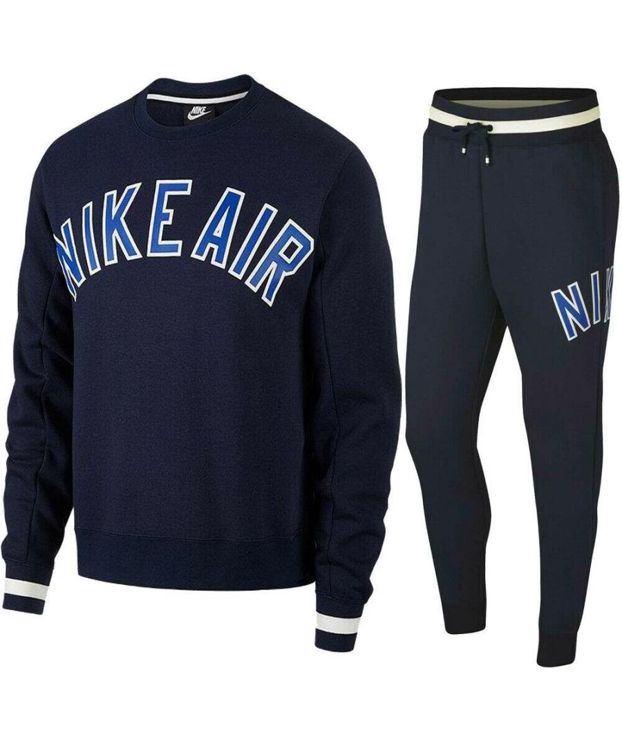 Nike Air Fleece Full Tracksuit Set Included Crewneck Sweatshirt and Joggers.\nNike Crewneck Sweatshirt.\nRibbed Neckline and Cuffs.\nDetailed blue tipping on Sleeve Cuff End.\nBig Rubber Print Nike logo on Chest.\nSoft Feel Fabric.\n\nNike Air Jogger.\nElasticated Waist band.\nDrawstring to Front.\nRibbed Bottom leg cuffs for comfort fit.