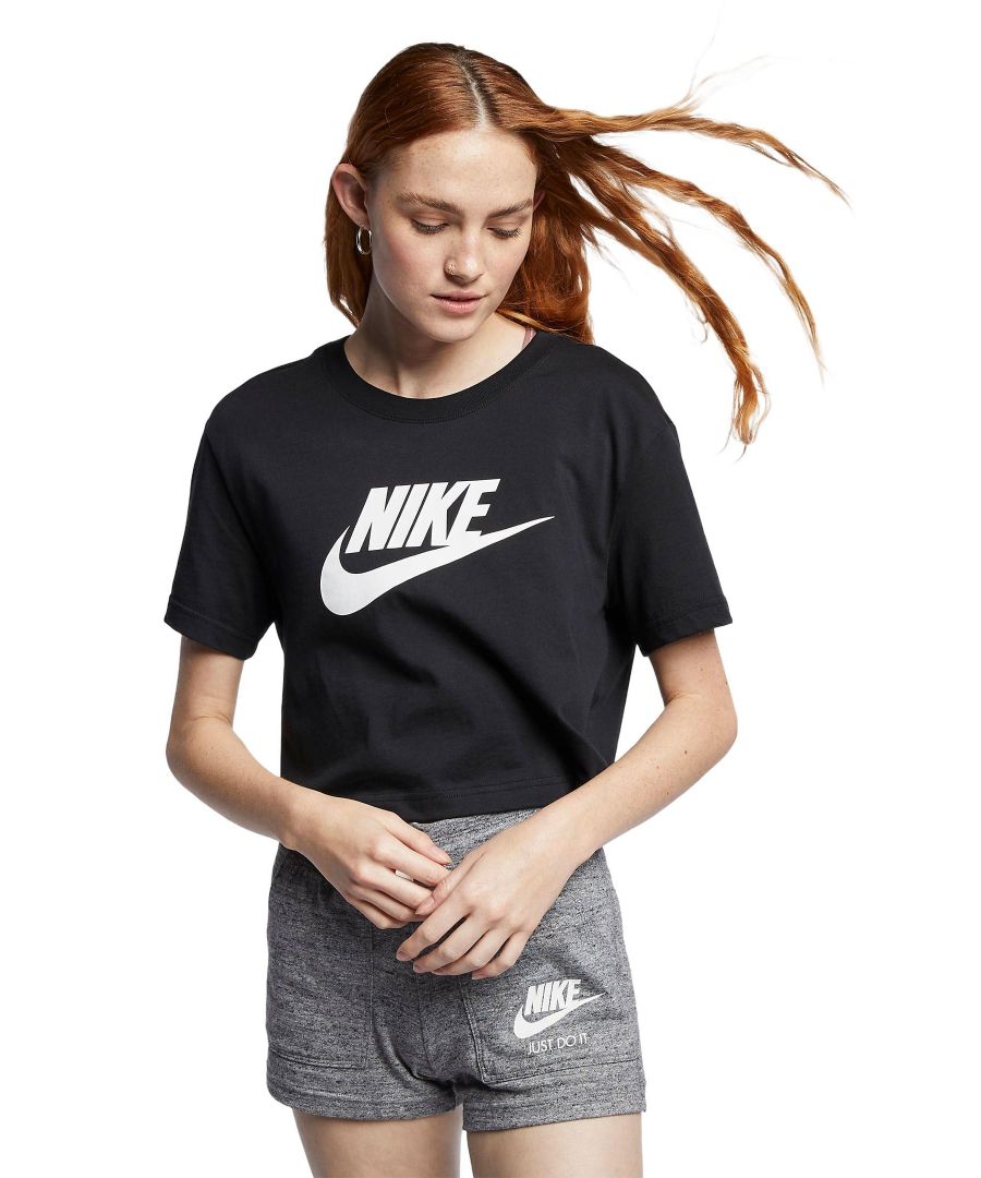 The Nike Women’s Nike Sportswear Essential Icon Futura Crop Tee sets you up with soft cotton jersey and a cropped hem.  100% cotton Standard fit for a relaxed, easy feel Cotton fabric is soft and comfortable Cropped hem falls above the hips Machine washable