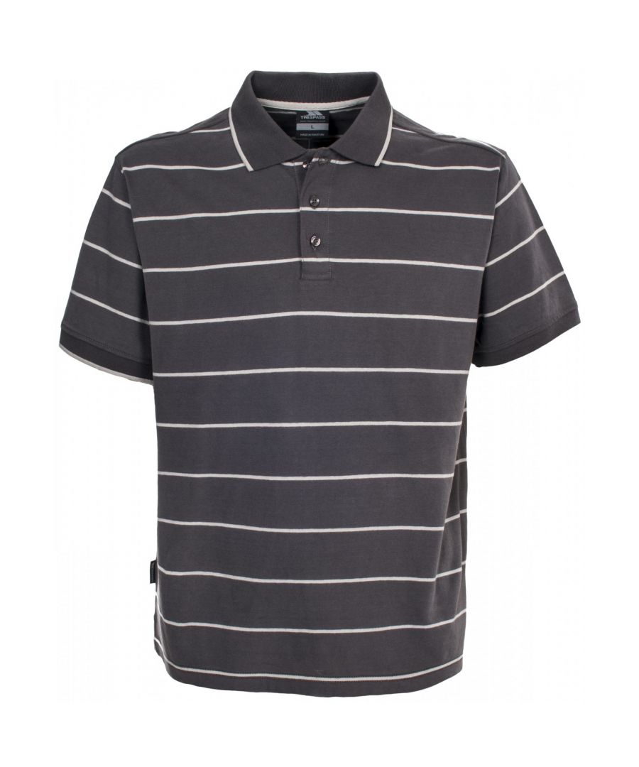 Mens short sleeve polo shirt. Button fastening. Contrast rib tipping on collar and cuffs. Yarn dyed stripes. Fabric: 100% cotton jersey. Sizing (chest): S (35-37in/89-94cm), M (38-40in/96.5-101.5cm), L (41-43in/104-109cm), XL (44-46in/111.5-117cm), XXL (46-48in/117-122cm). Machine washable.