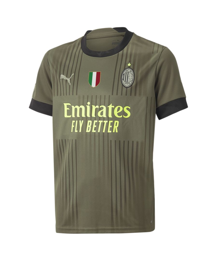 PRODUCT STORY The only way is forward. The 2022/23 Third kit is made for those who always stand out and never hold back. Inspired by the city of Milan, the Rossoneri blend brilliant football and effortless style like no other team ever could. The A.C. Milan 2022/23 Third jersey comes in olive-green, featuring a tonal graphic of the flag of Milan and a monochromatic version of the club crest. Neon yellow accents complement the inherent Milanese style. FEATURES & BENEFITS : dryCELL: Performance technology designed to wick moisture from the body and keep you free of sweat during exercise Recycled Content: Made with at least 20% recycled material as a step toward a better future DETAILS : Regular fit Set-in sleeve construction with raglan back seam Ribbed crewneck Embroidered PUMA Cat Logo on the chest and sleeves Official team crest on the chest
