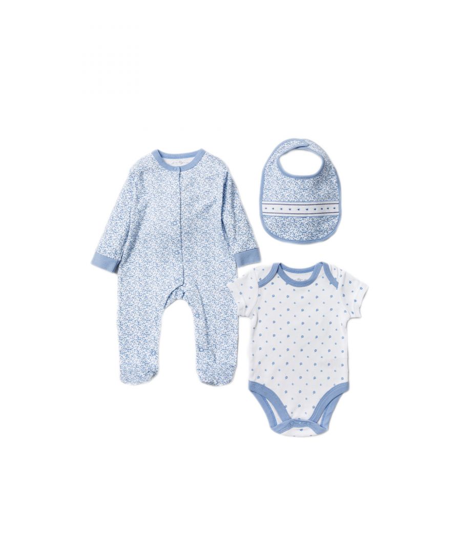 Rock a Bye Baby Boy's Floral Print Cotton 3-Piece Baby Gift Set|Size: 3-6 m|blue