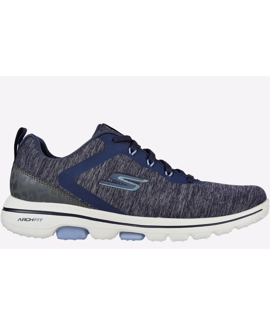 Step with a full swing of supportive comfort in Skechers Relaxed Fit: GO GOLF WALK 5. This spikeless water-repellent design features a lace-up heathered mesh upper with a synthetic animal print trim and a Goodyear Performance Outsole.\n- Patented Skechers Arch Fit insole system with podiatrist-certified arch support- Podiatrist-designed shape developed with 20 years of data and 120,000 unweighted foot scans\n- Removable insole helps mold to your foot to reduce shock and increase weight dispersion\n- Lightweight, responsive ULTRA GO cushioning\n- High-rebound Comfort Pillars for added support\n- Relaxed Fit for a roomy comfort fit at toe and forefoot