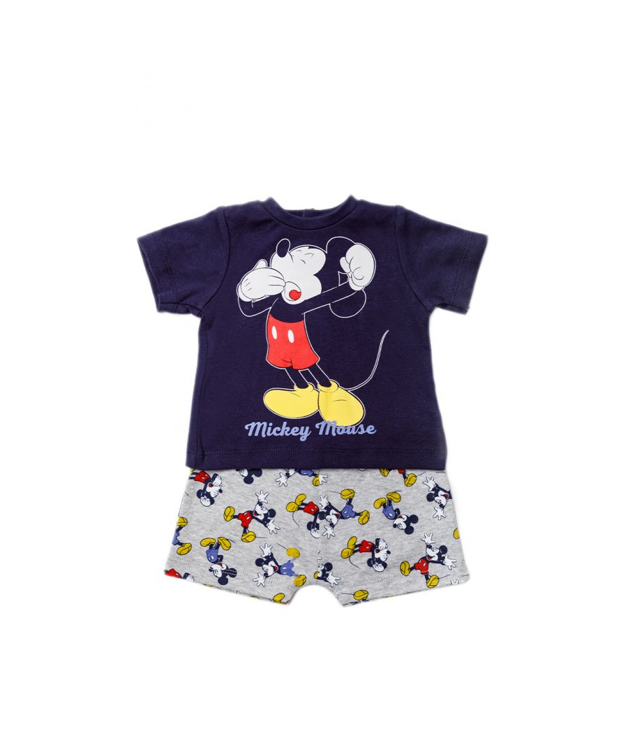 This adorable Disney Baby Mickey Mouse two-piece set features a navy and grey colour scheme and classic Mickey Mouse print. The set includes a short-sleeved top with a classic Mickey print and shorts with Mickey Mouse-themed print all over. Each item in the set is cotton with popper fastenings, keeping your little one comfortable. This set is the perfect gift set for the little one in your life.