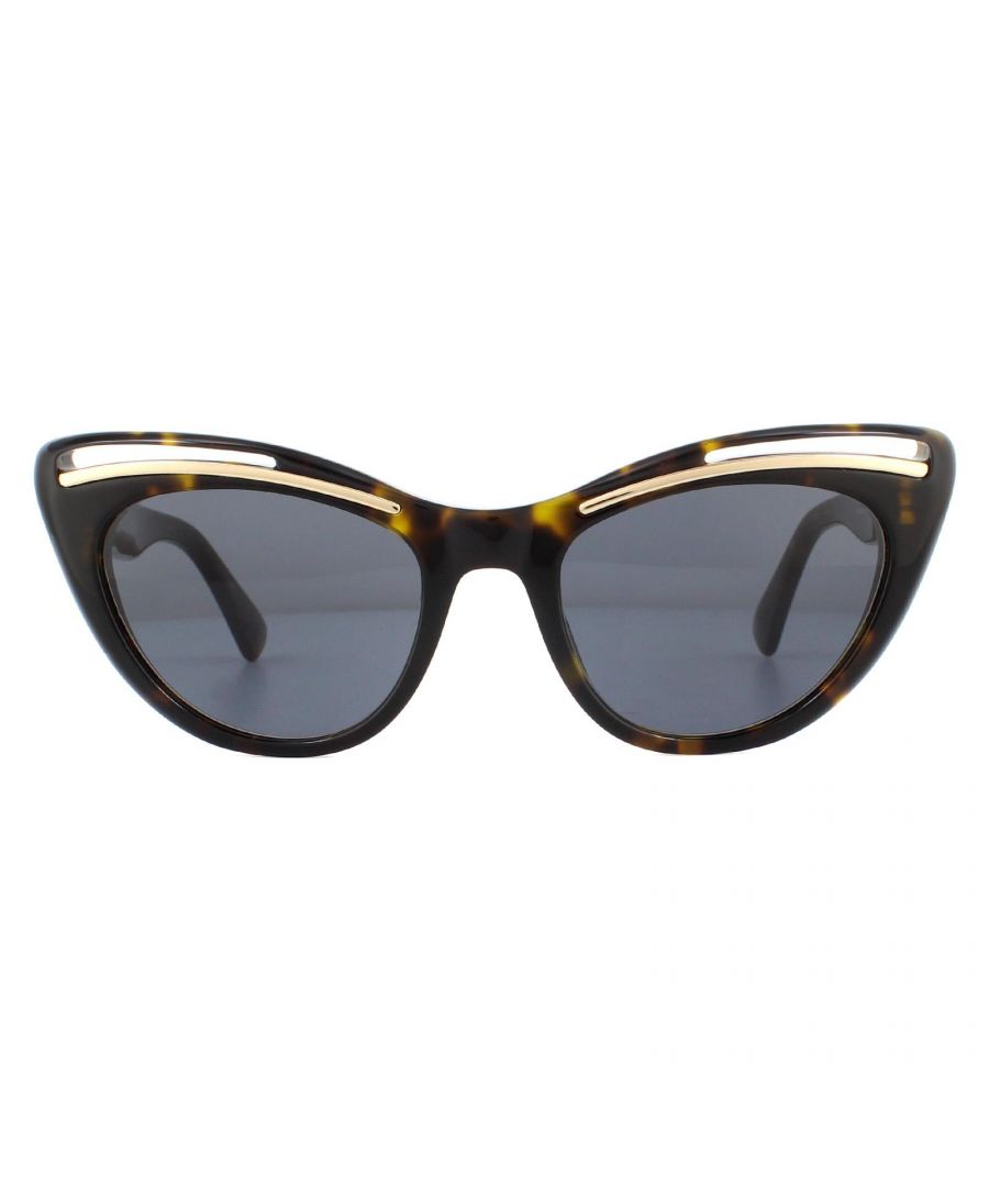 Moschino Sunglasses MOS036/S 086 IR Havana Grey are a retro cat eye style with a modern twist. The frame front features cut out and metal detailing. Chunky temples are embellished with the Moschino text logo.