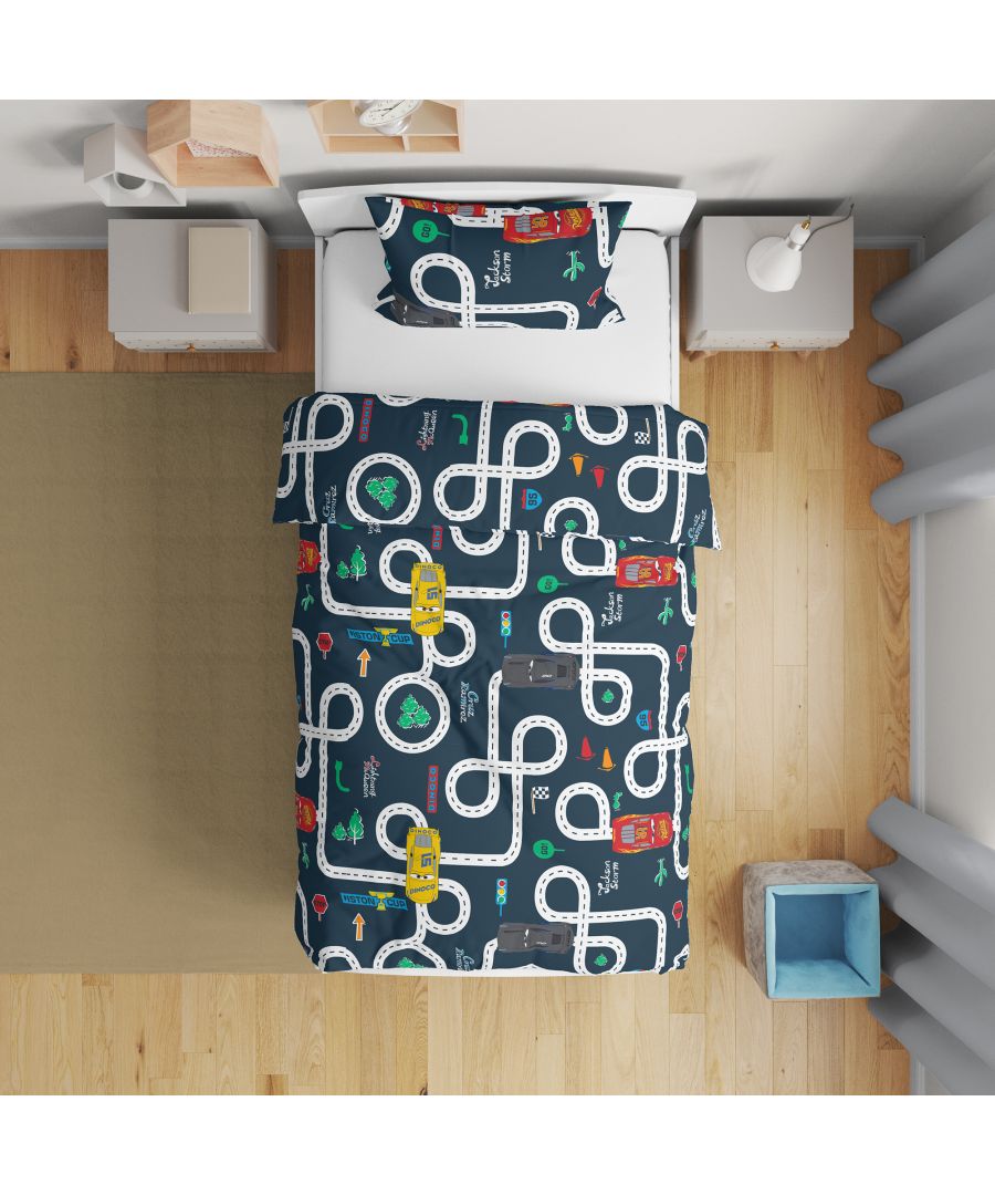 Hit the dream race track with the Disney Cars Let's Race Duvet Cover Set. Inspired by the popular animated film Disney Cars, this duvet cover brings a striking design with a racing track pattern which kids are sure to enjoy. This is made from 100% cotton for a soft and comfy feel and is a perfect gift for your kid to feel the racing spirit of the tracks. You can pair it with a plush car-shaped decorative pillow which adds an adorable finishing touch to this cars duvet set thus making the bedtime more fun. \n\nThis collection is verified by OEKO-TEX® and independently tested for harmful substances. It stands for customer confidence and high product safety.