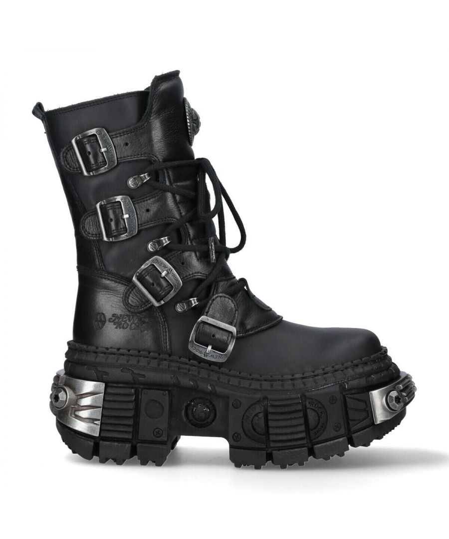 New Rock Unisex Mid-Calf Leather Platform Boots-WALL373-S3 - Black - Size EU 37
