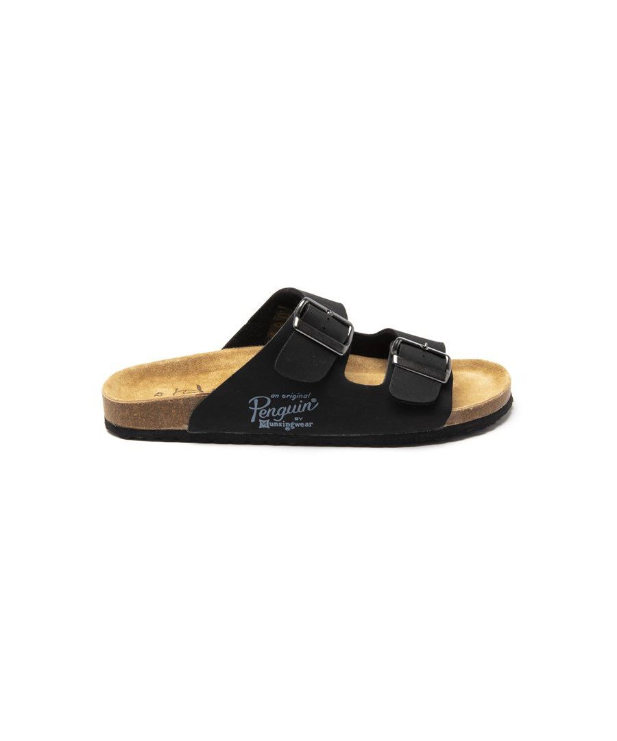 Lend some sophistication to your footwear collection with these mens twin buckle sandals from Penguin Original. A stylish black upper with a super comfy contrasting cork footbed provides the support to get you around with all the right looks whatever the occasion may be. These sandals from Penguin Originals are the ideal staple sandal, the design features an open toe with twin buckle fastening straps and a durable rubber sole. These sandals are great for any summer adventure, ensuring youre both comfortable and stylish no matter what the occasion. \n - Soft touch synthetic upper\n - Twin buckle strap\n - Cork effect midsole\n - Cushioned footbed\n - Durable rubber outsole\n - Penguin Original branding\n Please Note: These sandals are supplied polybagged (without box)