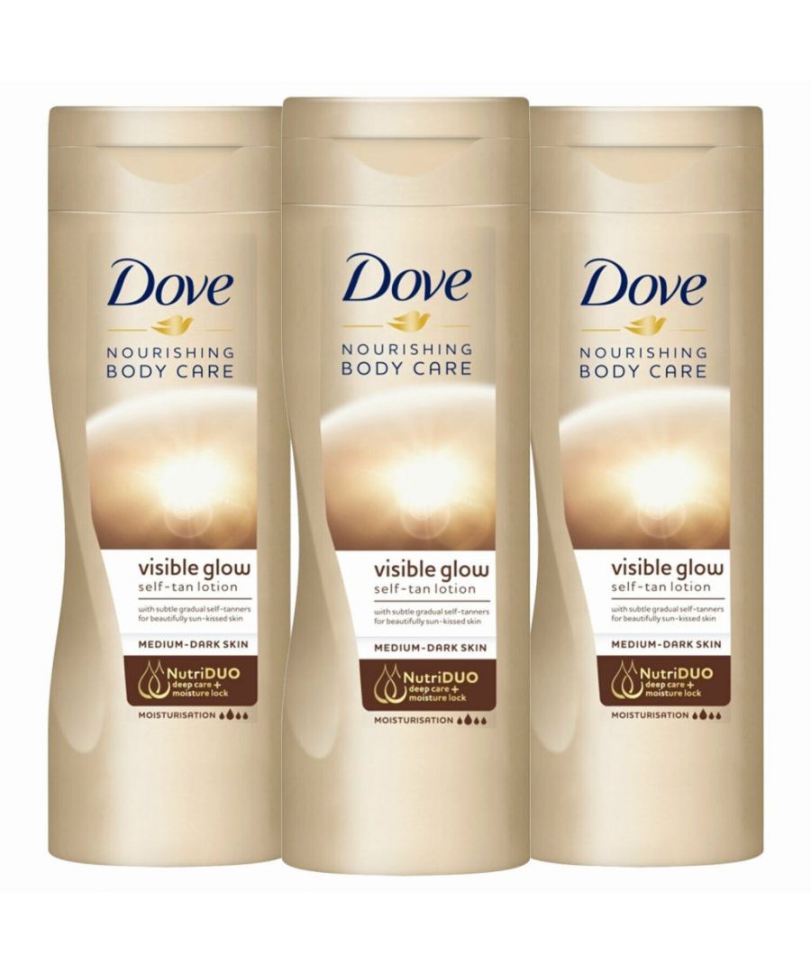 Want to keep your healthy-looking summer radiance for longer, without exposing your skin to the sun? Bask in Dove Visible Glow Medium to Dark Self-Tan Lotion and treat yourself to that holiday glow all year round. But just how does this gradual tanning lotion give you glowing skin and a natural-looking tan? While the gradual tanning agents in the self-tan lotion build sun-kissed colour, you’re moisturising your skin, too. A multitasking lotion that creates a sun-kissed glow while caring for your skin, this nourishing body lotion is enriched with the unique Dove NutriDuo Complex, a blend of skin-natural nutrients and rich essential oils. Quickly absorbed, the body lotion hydrates deep down and leaves skin feeling soft and moisturised.\n\nThis moisturising tanning lotion is a subtle and nourishing way to build a natural-looking tan. Simply keep your glow topped up by applying this self-tan lotion every day. Planning on spending time in the sun? Apply a separate sunscreen product over the top once this lotion has soaked in and your skin is dry. For a sun-kissed look all year round and sumptuously soft skin, reach for this sunshine-in-a-bottle tanning lotion to add a summer glow, whatever the weather. Dove believes no young person should be held back from reaching their full potential.\n\nSafety Warnings: Wash hands after use. Avoid contact with eyes. If eye contact occurs, rinse thoroughly with water. Not recommended on problem skin.\n\nPackage Includes: Dove Self Tan Lotion Medium to Dark, 3x400ml