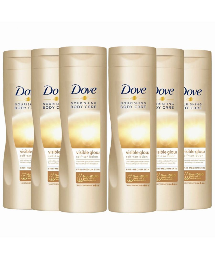 Dove Visible Glow Self Tan Lotion Fair To Medium helps to build a gradual and even tan whilst providing deep moisturisation to the skin to help maintain the skin's healthy look and maintain a soft and supple appearance. Helps build a gradual even tan and moisturisers within the product help maintain the tan and build the tan evenly to avoid streaks. Soft and subtle citrus scent. Dove believes having a fresh, sun-kissed look should not be reserved just for the summer. Dove Summer Glow Nourishing Lotion with a subtle self-tanner nourishes your skin while gradually enhancing your natural skin colour. The Unique Deep Care Complex includes skin natural nutrients and rich essential oil to help gradually improve skin starting deep down.  Dermatologically Tested.