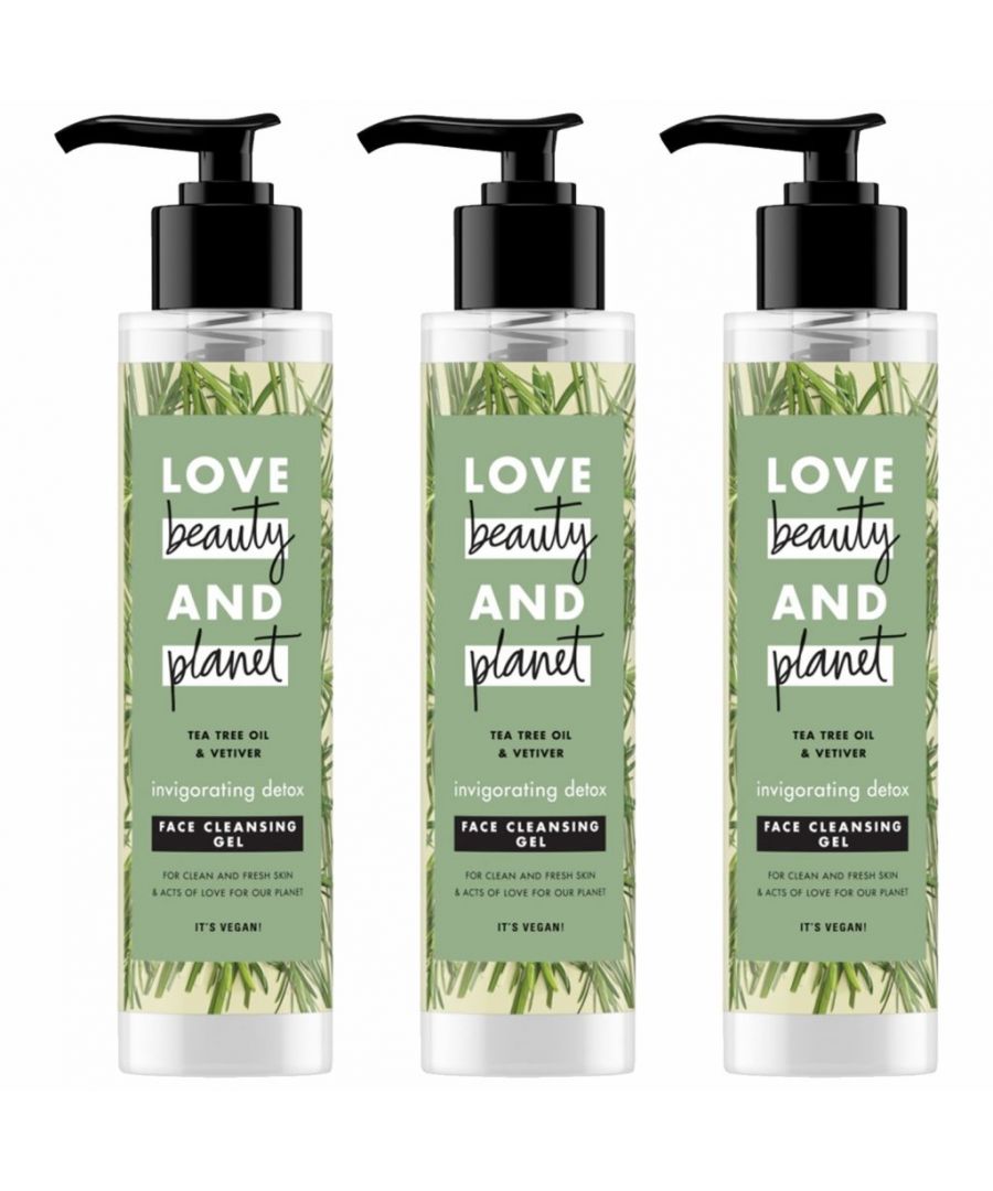 Love Beauty and Planet Invigorating Detox Face Cleansing Gel, keep skin in check with a daily herb-infused cleanser. Wave goodbye to everyday skin pollution with this refreshing cleansing gel infused with tea tree and vetiver.  Invigorating Detox Face Cleansing Gel protects skin from everyday pollution. Love Beauty and Planet Tea Tree Oil & Vetiver Face Cleansing Gel adds a daily detox element to your skin care routine. Infused with Australian tea tree oil, this cleanser lifts away impurities, dirt and oil. Blended with vetiver from Haiti for an earthy refined scent, this cleansing gel will leave your skin feeling clean and fresh. Tea trees, which are really more like tall shrubs than trees, occur naturally in Eastern Australia and are known to have purifying properties. Sourced from the wet lowlands of Australia, the tea tree oil used in our products is harvested and pressed for its fine quality so that it meets our high standards. The fragrance is infused with the traditionally powerful and calming scent of vetiver. Its radiant citrus notes combine with a nourishing blend of precious woods for a refreshing jolt of energy in the shower.  YES Vegan, YES paraben free, YES silicone free, YES safe, YES with plant based cleansers, YES Natural Ingredients, YES bottle made from recycled plastics.  Love Beauty and Planet started with one simple goal - whatever they do must be good for beauty and give a little love to the planet. Here’s how: Powerful & Passionate: Special bottles are made from 100% recycled materials and are filled with fabulous formulas that deliver brilliant care for your hair and body. They’re 100% recyclable too!  Goodies & Goodness: Each collection is infused with organic and sustainable ingredients sourced from around the world and are vegan-friendly too.  Scents & Sensibility: Carefully chosen fragrances are part of ethical-sourcing programs which help support the livelihoods of the local partners who harvest wonderful ingredients. Carbon Conscious & Caring: Love Beauty and Planet want a carbon footprint so small, it's like they weren't even here. So they tracking the CO2 emissions at every step of production.