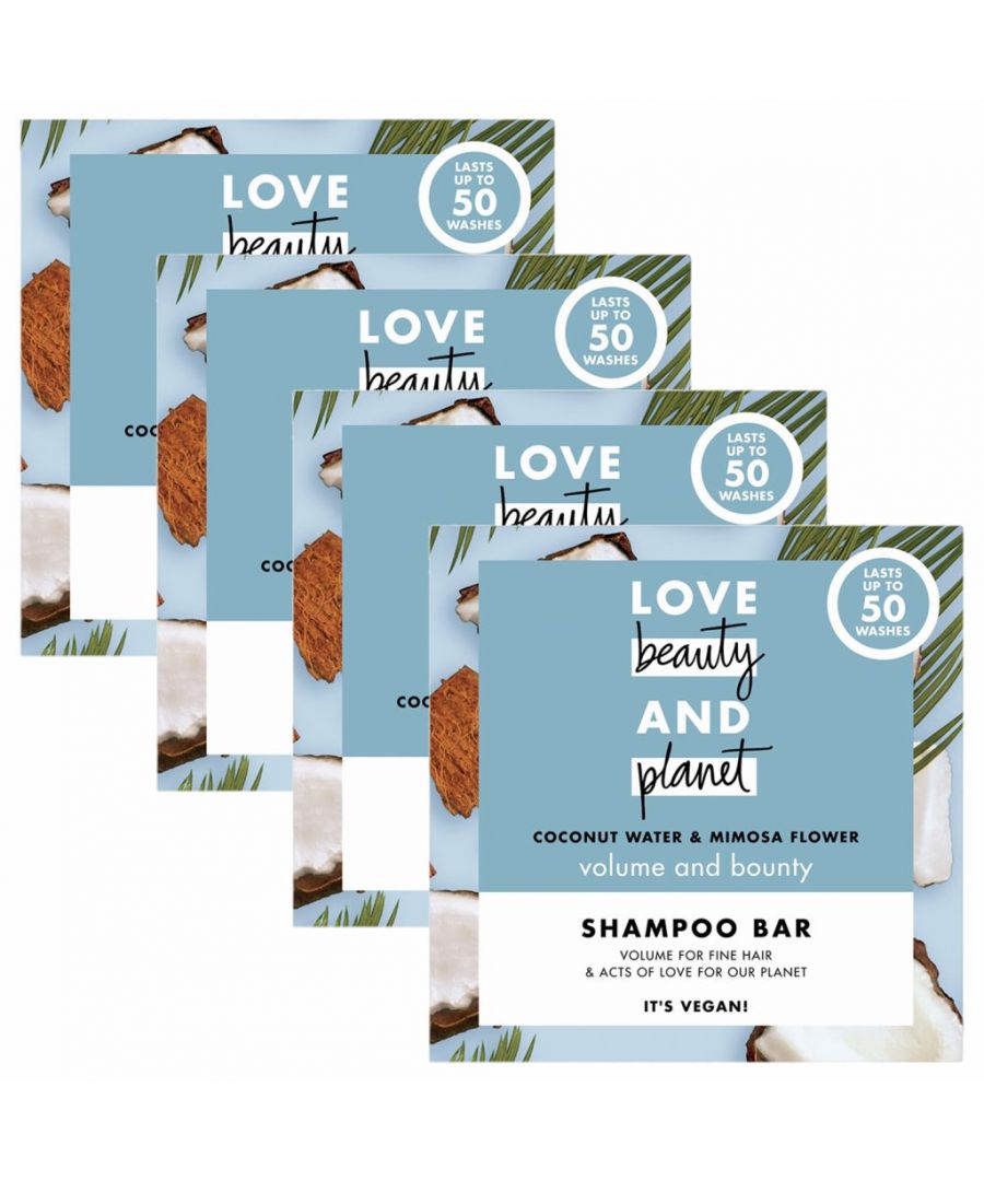 Rejuvenate fine, flat hair and enjoy a head-turning look full of bounce and vitality with Love Beauty And Planet volumising shampoo bar that gently cleanses while also moisturising tresses to reveal bold, beautiful and voluminous hair. Specially formulated for fine and flat hair, The Volume and Bounty Shampoo Bar is infused with coconut water and rich mimosa flower absolute. This formula is blended with coconut water (yes it's making a splash everywhere!), often called “dew from heavens” by native Hawaiians. Love Beauty And Planet Volume and Bounty blend helps replenish and hydrate hair, leaving it voluminous, soft and gorgeously glossy without weighing it down.\n\nThe scents are infused with ethically sourced Moroccan mimosa flower absolute so you experience powerful, rich and lasting green floral notes with distinct undertones of powdery honey and fruity raspberry cassis. Love Beauty and Planet believes small acts of love can make a real difference to our planet. That's why the shampoo bars are packaged in recycled materials and use plant based vegan formulas.\n\nBring volume and bounce to your hair with this new Love Beauty And Planet Volume and Bounty Shampoo Bar.\n\nInfused with ethically sourced Moroccan mimosa flower, try a new way to shampoo with our Volume and Bounty Shampoo Bar that exudes a rich and floral fragrance.\n\n\nDirections\nIt's simple! Wet the bar and rub between your hands for lather or directly onto hair, massage the lather, rinse.\n\nTo use this volume shampoo, rub the shampoo bar between your hands for lather or directly onto hair. Gently massage the scalp and roots with fingertips, and rinse thoroughly. Go easy on the tap.\n\nFinish with Love Beauty And Planet Conditioner, and style with your favourite products. Enjoy impressive hair volume and bounce with Love Beauty And Planet.\n\n\nYES Vegan, YES safe, YES with plant based cleansers, YES Natural Ingredients, YES bottle made from recycled plastics.\n\nLove Beauty and Planet started with one simple goal - whatever they do must be good for beauty and give a little love to the planet. Here’s how…\n\nPowerful & Passionate: Special bottles are made from 100% recycled materials and are filled with fabulous formulas that deliver brilliant care for your hair and body. They’re 100% recyclable too!\n\nGoodies & Goodness: Each collection is infused with organic and sustainable ingredients sourced from around the world and are vegan-friendly too.\n\nScents & Sensibility: Carefully chosen fragrances are part of ethical-sourcing programs which help support the livelihoods of the local partners who harvest wonderful ingredients.\n\nCarbon Conscious & Caring: Love Beauty and Planet want a carbon footprint so small, it's like they weren't even here. So they tracking the CO2 emissions at every step of production.