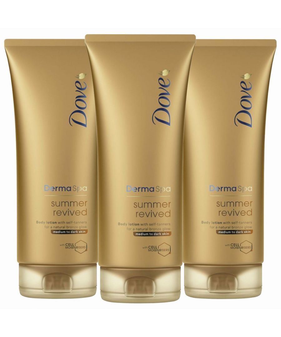 Dove DermaSpa Summer Revived Gradual Self Tan Body Lotion Medium to Dark 200ml.  Want to get a healthy looking bronze glow without exposing your skin to the sun? Bask in Dove DermaSpa Summer Revived Body Lotion and treat yourself to that holiday hue all year round. Combining our skin care expertise from Dove with natural looking tanners, it’s a great way to get that sun-kissed look.  With Dove skin care, nourishment is the secret. With a super-rich yet non-greasy formula, this body lotion quickly absorbs into your skin as it moisturises and softens with every use  so the nourishment you need is right at your fingertips.  The best moisturiser for dry skin should leave it feeling better than ever, for longer. With long-lasting moisturisation, this light Dove body cream helps leave your skin touchably softer and smoother all day.
