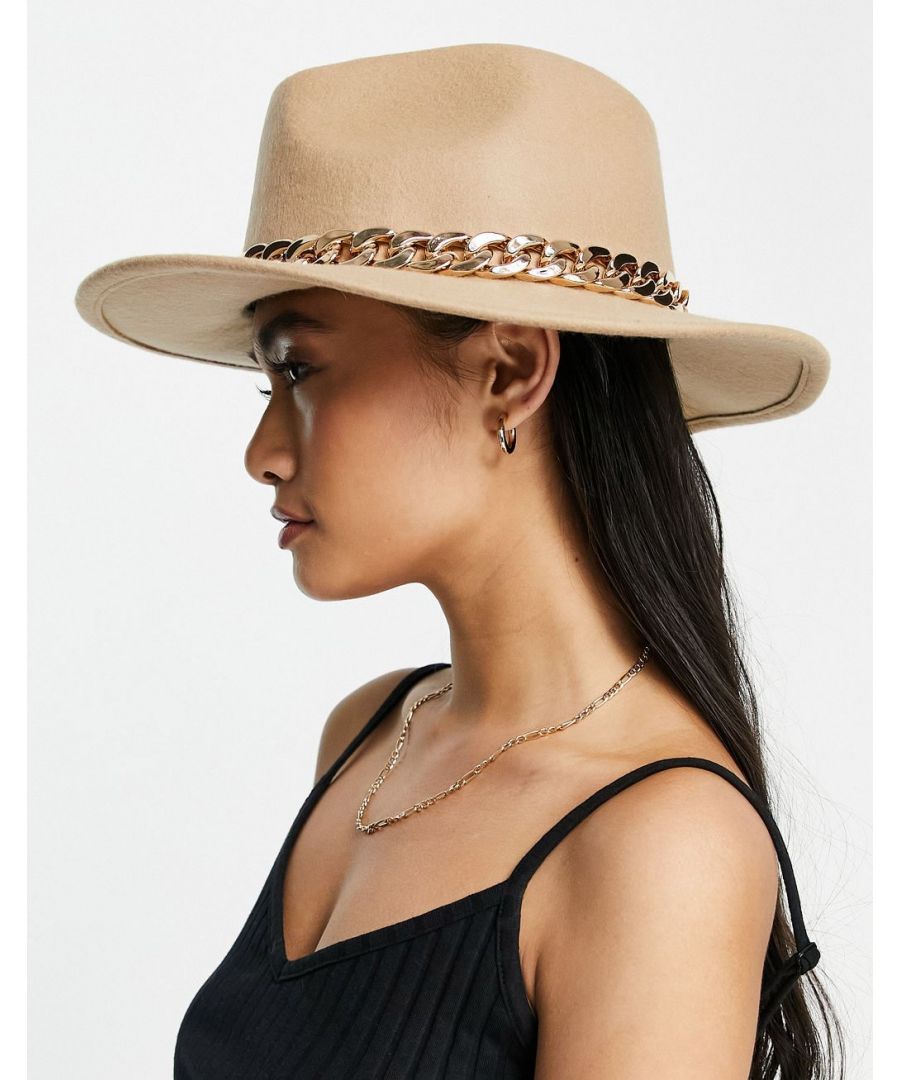 Hat by ASOS DESIGN Top things off Fedora style Pinched crown Wide brim Chain trim Size adjuster  Sold By: Asos
