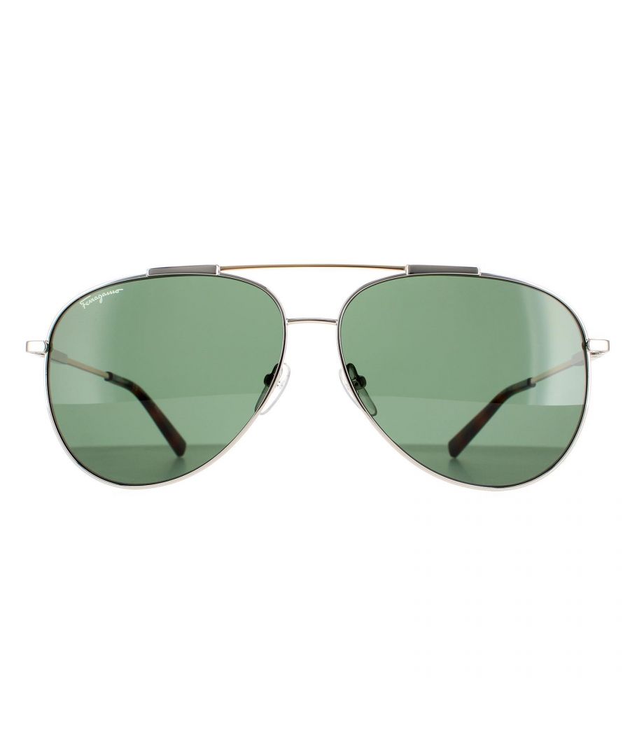 Salvatore Ferragamo Aviator Unisex Gold Tortoise Green SF265S  Salvatore Ferragamo are a aviator style crafted from lightweight metal. A double bridge design, silicone nose pads and plastic temple tips ensure all day comfort. The Ferragamo logo is engraved in the slender temples for brand authenticity.