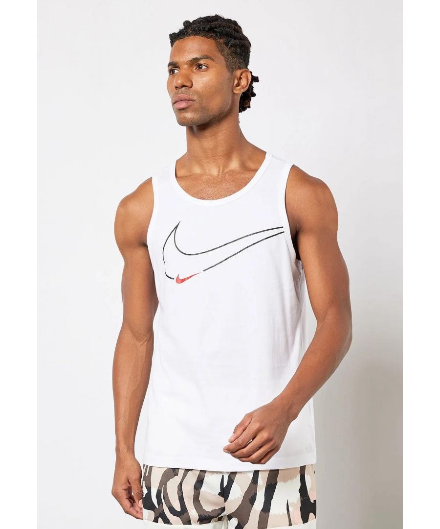 Nike Dri-FIT Tank feels silky smooth on your skin and wicks sweat to keep you dry.\nMade with soft, lightweight jersey fabric.\nStandard fit for a relaxed, easy feel.\nPrinted graphics on center chest and back right hem.