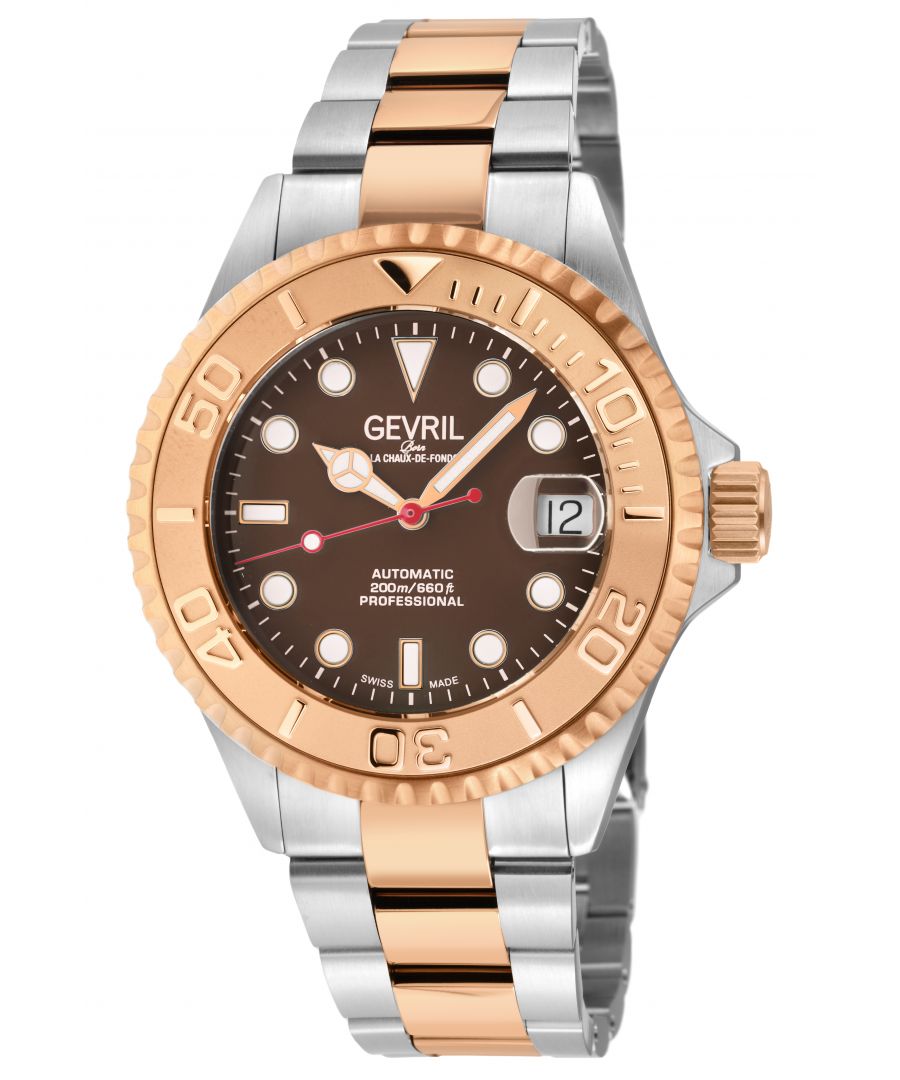 Gevril Men's Wall Street Brown Enamel Dial, IPRG Bezel, Two toned SS/IPRG Bracelet Watch.
